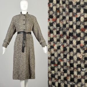 Medium 1980s Checkerboard Wool Tweed Mock Neck Belted Coat 