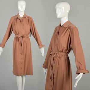 Xl-XXL 1970s Tan Dress Jersey Knit Tie Waist Belt Button Front Collared Knee Length Casual Dress 