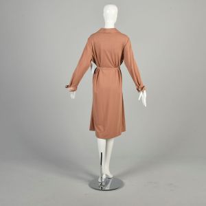 Xl-XXL 1970s Tan Dress Jersey Knit Tie Waist Belt Button Front Collared Knee Length Casual Dress  - Fashionconservatory.com