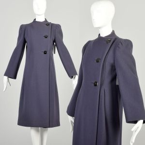 *AS IS* Small 1970s Smoky Blue Wool Coat Trigere Knee Length Heavy Winter Jacket DAMAGED  