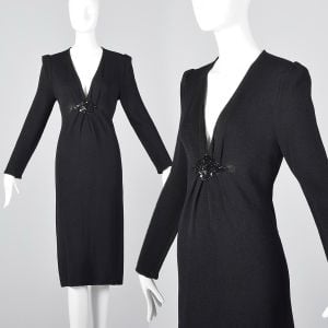 Medium 1980s Dress St John Deep V Neck Long Sleeve Knit Low Cut Cocktail Dress