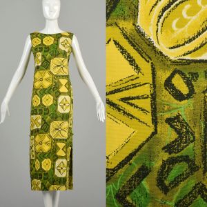 Medium 1970s Green Yellow Dress Geometric Tropical Hawaiian Tiki Side Slit Sleeveless Casual Midi 