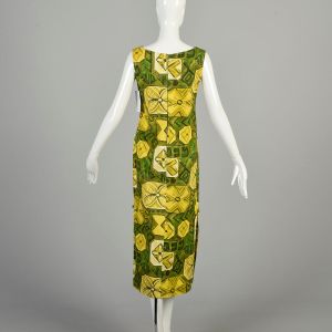 Medium 1970s Green Yellow Dress Geometric Tropical Hawaiian Tiki Side Slit Sleeveless Casual Midi  - Fashionconservatory.com
