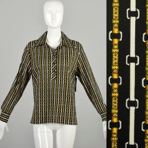 L-XL 1970s Black Blouse Cream Yellow Printed Straps Links Equestrian Stripes Long Sleeve Tunic Top 