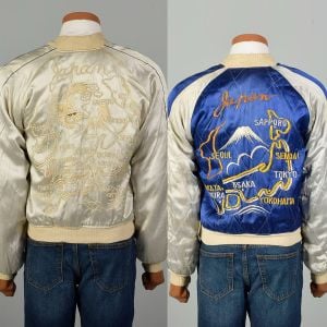 Medium 1950s Sukajan Blue and White Souvenir Jacket Japan Korea Reversible Bomber Jacket