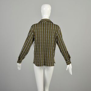 L-XL 1970s Black Blouse Cream Yellow Printed Straps Links Equestrian Stripes Long Sleeve Tunic Top  - Fashionconservatory.com