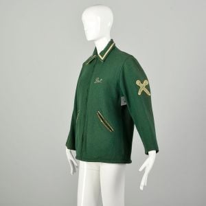 Small 1960s Green Wool Varsity Letter Jacket Heavy Winter Majorette Coat Moth Eaten Thrashed - Fashionconservatory.com