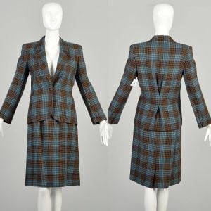 XS 1970s Blue Brown Plaid Set One Button Blazer Knee Length Pencil Skirt Suit Set Separates 