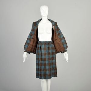 XS 1970s Blue Brown Plaid Set One Button Blazer Knee Length Pencil Skirt Suit Set Separates  - Fashionconservatory.com
