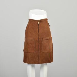 S | Boho Suede 1960s Leather Patch Pocket Zip Front Mini Skirt
