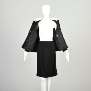 XS 1970s Black Suit Set Wool Silk Blazer Gold-tone Buttons Straight Knee Length Skirt Classic Outfit - Fashionconservatory.com