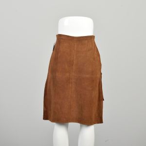 S | Boho Suede 1960s Leather Patch Pocket Zip Front Mini Skirt - Fashionconservatory.com