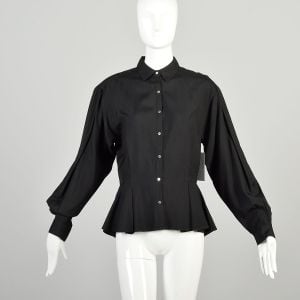 Large 1980s Black Peplum Blouse Wool Silk Blend Long Sleeve Top Button Front Fitted Waist Shirt 