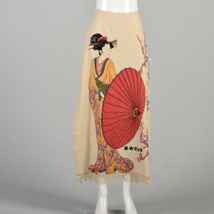 M/L | Asian Inspired 1990s Novelty Print Cherry Blossom Geisha Beaded Sequined Maxi Skirt