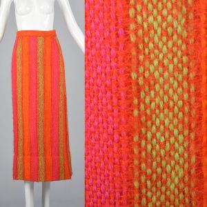 Medium Tweed Maxi Skirt Bright Orange Pink and Green Striped Hippie Bohemian Long Skirt 