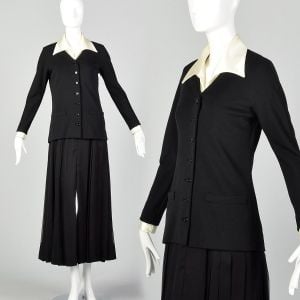 Medium Black Dress 1970s Illusion Two Piece Blazer and Chiffon Maxi Skirt