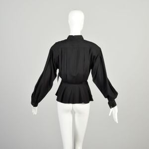 Large 1980s Black Peplum Blouse Wool Silk Blend Long Sleeve Top Button Front Fitted Waist Shirt  - Fashionconservatory.com
