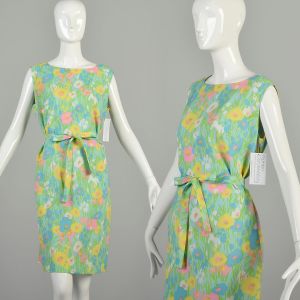 XL 1960s Spring Green Dress Pastel Floral Sleeveless Waist Bow Lightweight Colorful Mini Shift Dress