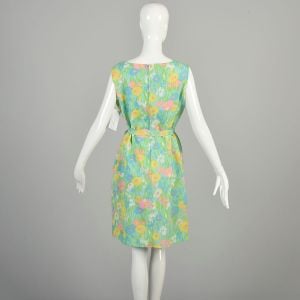 XL 1960s Spring Green Dress Pastel Floral Sleeveless Waist Bow Lightweight Colorful Mini Shift Dress - Fashionconservatory.com
