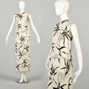 Medium 1960s Off-White and Black Floral Print Two Piece Illusion Sleeveless Dress