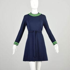 Medium 1970s Navy Blue Dress Lime Green Stripe Border Trim Mod Long Sleeve Knit Waist Tie  Mini 