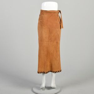 S/M | Western Leather 1990s Whip Stitch Boho Hippie Wrap Skirt by Preston & York - Fashionconservatory.com