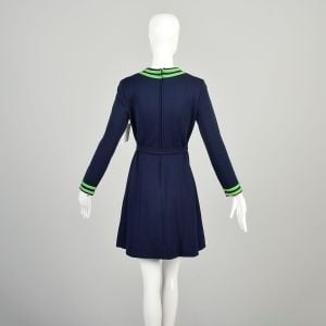 Medium 1970s Navy Blue Dress Lime Green Stripe Border Trim Mod Long Sleeve Knit Waist Tie  Mini  - Fashionconservatory.com