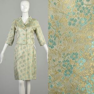 XS 1960s Teal Silver Gold Tones Set Metallic Floral Brocade Elbow Sleeve Jacket Pencil Skirt Outfit 