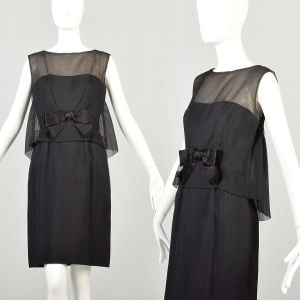 XS 1960s Little Black Bow Dress with Sheer Top and Black Bow Detail
