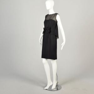 XS 1960s Little Black Bow Dress with Sheer Top and Black Bow Detail - Fashionconservatory.com