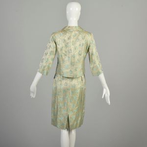 XS 1960s Teal Silver Gold Tones Set Metallic Floral Brocade Elbow Sleeve Jacket Pencil Skirt Outfit  - Fashionconservatory.com