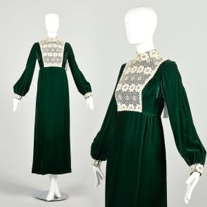 Small 1970s Green Velvet Dress Long Sleeve High Collar White Floral Lace Yoke Trim Empire Waist Maxi