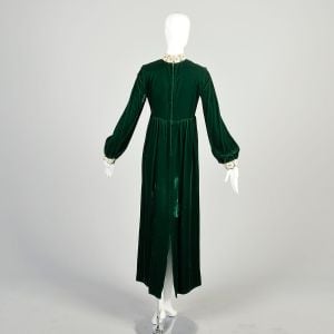 Small 1970s Green Velvet Dress Long Sleeve High Collar White Floral Lace Yoke Trim Empire Waist Maxi - Fashionconservatory.com