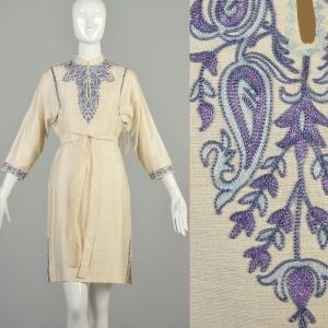 Medium 1960s Ivory Silk Dress Embroidered Blue Purple Paisley Keyhole Neck Bracelet Sleeve Kaftan