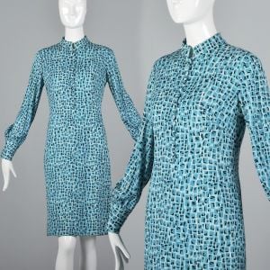 Medium 1960s Via Veneto Aqua Blue Mini Dress Geometric Print Long Sleeve 