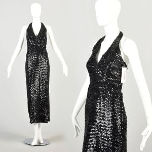 XS/S 1970s Black Sequin Backless Halter Dress