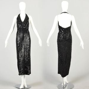 XS/S 1970s Black Sequin Backless Halter Dress - Fashionconservatory.com