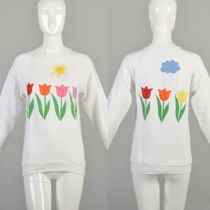 Small 1980s Sunny/Rainy Spring Tulip Embroidered White Sweatshirt Colorful