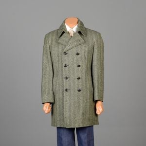 Small 40 Green Jacket Herringbone Tweed Blue Stripe Double Breasted Jacket
