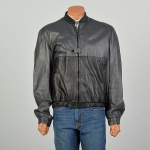 1980s Large Two Toned Black Leather Jacket Mandarin Collar Zip Up Elastic Waist 