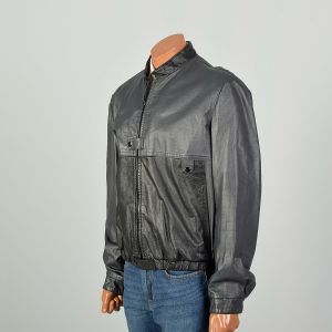 1980s Large Two Toned Black Leather Jacket Mandarin Collar Zip Up Elastic Waist  - Fashionconservatory.com