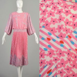 S-M 1980s Pink Blue Floral Dress Smocked Waist Flowy Pleated Skirt Half Sleeve Diane Freis Midi 