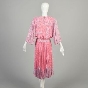 S-M 1980s Pink Blue Floral Dress Smocked Waist Flowy Pleated Skirt Half Sleeve Diane Freis Midi  - Fashionconservatory.com