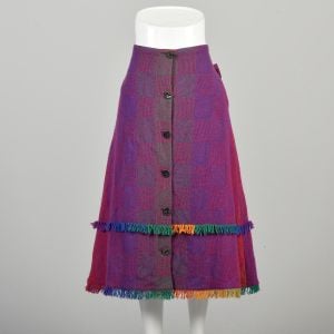 XL/XXL | 1990s Chunky Rainbow Wool Plaid Button Front Skirt w/Fringe and Pockets by Cleo
