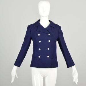 XS-S 1960s Navy Blue Blazer Double Breasted Boxy Mod Wool Classic Timeless Jacket 