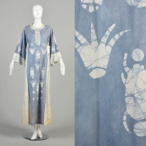Medium 1970s White Baby Blue Batik Kaftan Angel Sleeve Loose Casual Loungewear Day Dress Maxi 