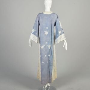 Medium 1970s White Baby Blue Batik Kaftan Angel Sleeve Loose Casual Loungewear Day Dress Maxi  - Fashionconservatory.com