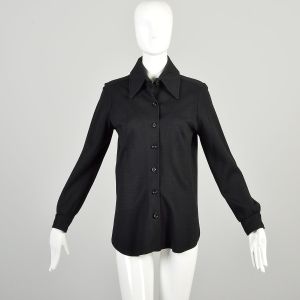 M/L 1970s Black Buttoned Long Sleeve Collared Top Blouse 