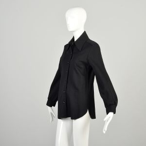 M/L 1970s Black Buttoned Long Sleeve Collared Top Blouse  - Fashionconservatory.com
