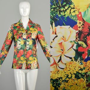 M 1970s Hawaiian Tropical Shirt Andrade Colorful Floral Silky Disco Long Sleeve Wing Collar Blouse 